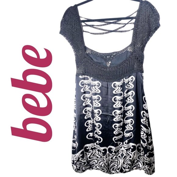BEBE VTG Y2K SILK BUBBLE MINI DRESS CROCHET BODICE STRAPPY BACK MONOCHROME, M - Picture 7 of 8